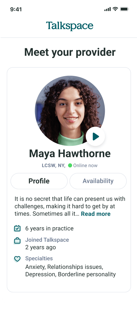 Meet your provider screen in Talkspace app experience